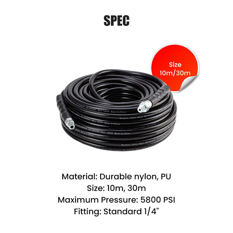 5800 PSI sewer cleaning kit – Rotating nozzle and reinforced hose for unclogging pipes