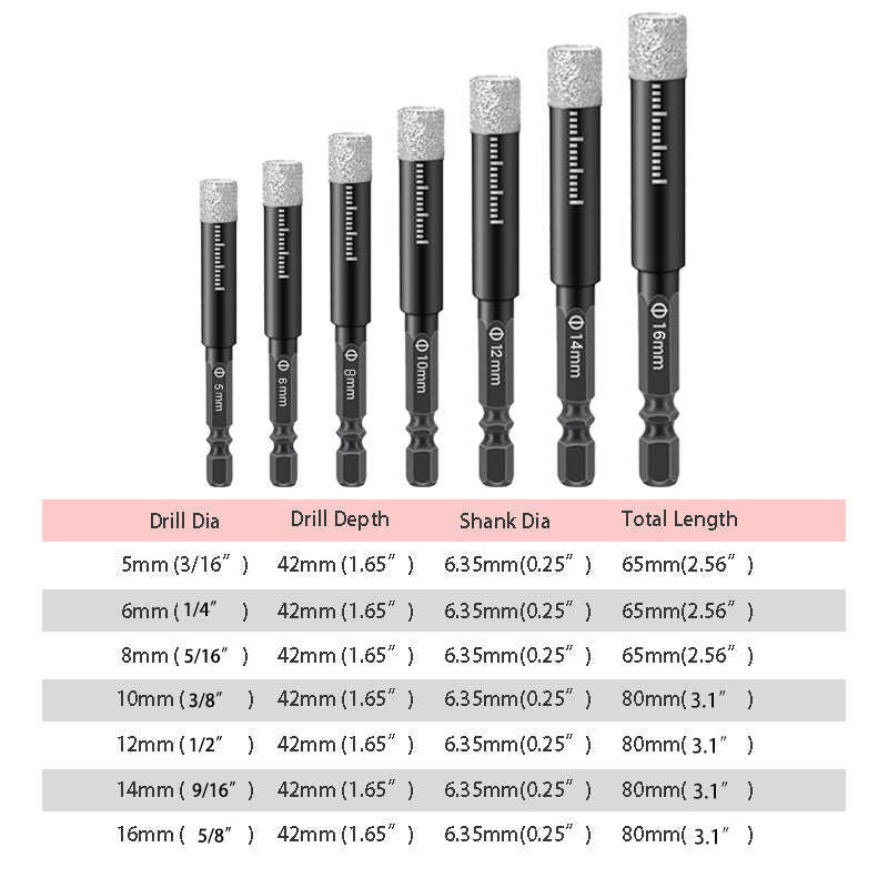 Hex Shank Drill Bits for Marble/Tile/Stone [Full Set]
