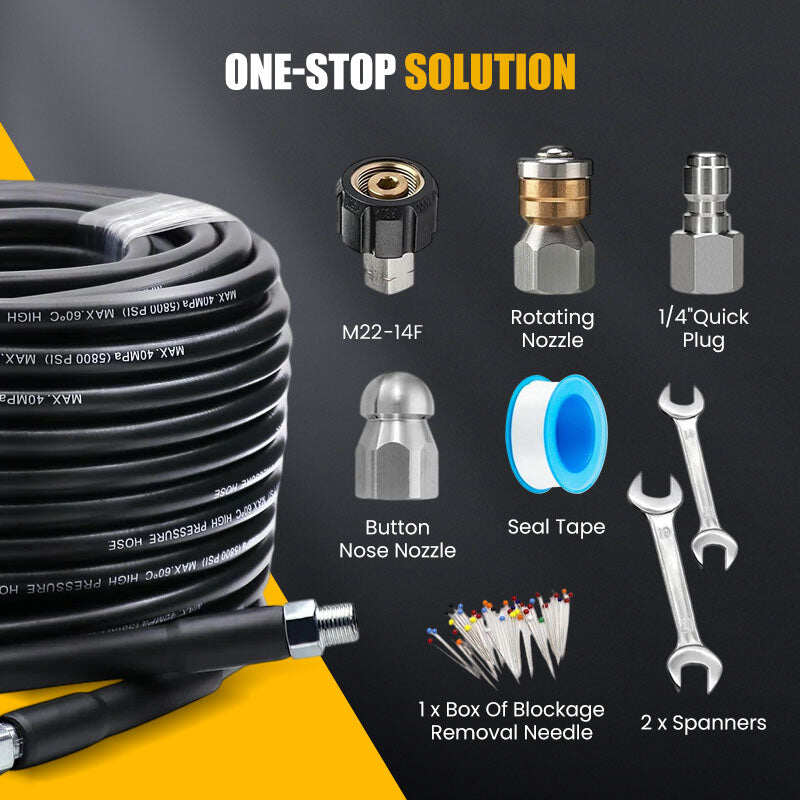 5800 PSI sewer cleaning kit – Rotating nozzle and reinforced hose for unclogging pipes